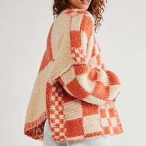 Orange and Cream Checker Open Front Oversized Knit Cardigan Sweater